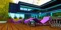 Purple sun loungers on the decked floor in a relax zone in the beautiful autumn forest. 3d rendering