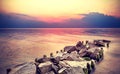 Purple sunset over beach, peaceful sea landscape