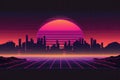 Purple sunset over the city in retrowave style. Generative ai Royalty Free Stock Photo