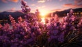 Purple sunset over meadow, nature beauty in summer dusk generated by AI