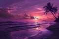Purple Sunset on Tropical Beach With Palm Trees Royalty Free Stock Photo