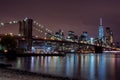 Purple sunset view of Brooklyn bridge and lower Manhattan skyline Royalty Free Stock Photo