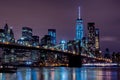 Purple sunset view of Brooklyn bridge and lower Manhattan skyline