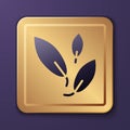 Purple Tea leaf icon isolated on purple background. Tea leaves. Gold square button. Vector Royalty Free Stock Photo