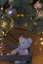 Purple teddy bear under the tree Royalty Free Stock Photo
