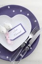 Purple theme wedding table place setting. Royalty Free Stock Photo