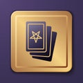Purple Three tarot cards icon isolated on purple background. Magic occult set of tarot cards. Gold square button. Vector