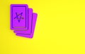 Purple Three tarot cards icon isolated on yellow background. Magic occult set of tarot cards. Minimalism concept. 3d