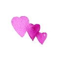 Purple three watercolor hearts. Design element for greeting cards