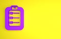 Purple To do list or planning icon isolated on yellow background. Minimalism concept. 3D render illustration Royalty Free Stock Photo