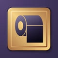 Purple Toilet paper roll icon isolated on purple background. Gold square button. Vector Royalty Free Stock Photo