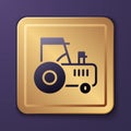Purple Tractor icon isolated on purple background. Gold square button. Vector