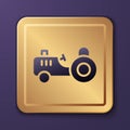 Purple Tractor icon isolated on purple background. Gold square button. Vector