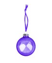 Purple transparent glass ball hanging on ribbon white background isolated close up, violet ÃÂ¡hristmas tree decoration, new year Royalty Free Stock Photo