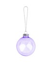 Purple transparent glass ball hanging on thread white background isolated close up, violet ÃÂ¡hristmas tree decoration, new year Royalty Free Stock Photo