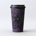 Purple Cup With Occultist Design: Photorealistic Detailing And Precisionist Lines
