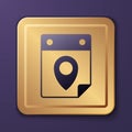 Purple Travel planning calendar icon isolated on purple background. A planned holiday trip. Gold square button. Vector