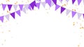 Purple triangle pennants chain and confetti for party birthday, celebration, carnival, anniversary and decoration