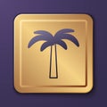 Purple Tropical palm tree icon isolated on purple background. Coconut palm tree. Gold square button. Vector Royalty Free Stock Photo