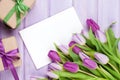 Purple tulip bouquet, greeting card and gifts Royalty Free Stock Photo