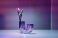 Purple tulip in a rainbow holographic glass vase on gradient background. Floral bouquet of fresh flower on blue pink