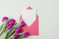 Purple tulips, red envelope with blank sheet on neutral background. Valentine's Day, Mother's Day holiday