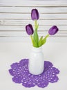 Purple tulips in retro milk bottle Royalty Free Stock Photo