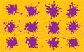 Purple, ultraviolet chaotic set of ink blots. Vector illustration on the orange geometric background.