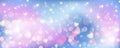 Purple unicorn background. Pastel watercolor sky with glitter stars bokeh and hearts. Fantasy galaxy with holographic