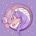 Purple unicorn in fantasy style on purple background. Cartoon vector illustration. Poster design.