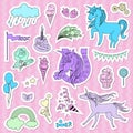 Purple unicorns with candy, flag and stars on a pink background.