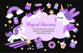 Purple unicorns, sweets and gifts on a black background around the cloud. The unicorn sleeps, runs and fulfills the desire.