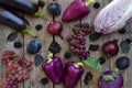 Purple vegetables and fruits. Plum, eggplant, pepper, blueberries, rowanberry. Violet organic foods high in antioxidants, anthocya Royalty Free Stock Photo