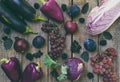 Purple vegetables and fruits. Plum, eggplant, pepper, blueberries, rowanberry. Violet organic foods high in antioxidants, anthocya Royalty Free Stock Photo