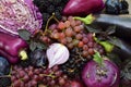 Purple vegetables and fruits. Plum, eggplant, pepper, blueberries, rowanberry. Violet organic foods high in antioxidants, anthocya Royalty Free Stock Photo
