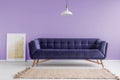 Purple, velvet sofa and a beige rug in a pastel lavender living room interior with a poster mock-up. Real photo.