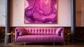 Purple Velvet Sofa On Large Abstract Painting: Ominous Vibe With Magenta Texture Art