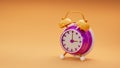 Purple vintage alarm analog clock on orange background, 3d render Royalty Free Stock Photo