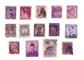 Purple vintage postage stamps from around the world.