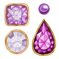 Purple violet Crystal in a gold frame and jewelry beads. Hand drawn watercolor diamond. Isolated luxury object on white