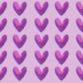 Purple violet heart seamless pattern in watercolor.