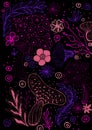 Purple, violet, pink flowers and mushrooms on a black background.