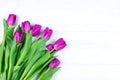 Purple violet tulips bouquet on white wooden background. Royalty Free Stock Photo