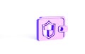 Purple Wallet and money with shield icon isolated on white background. Insurance concept. Security, safety, protection