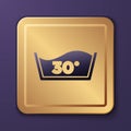 Purple Washing under 30 degrees celsius icon isolated on purple background. Temperature wash. Gold square button. Vector