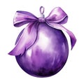 purple watercolor Christmas ball with ribbon and a bow, isolated on background. Generative AI