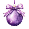purple watercolor Christmas ball with ribbon and a bow, isolated on background. Generative AI