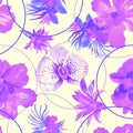 Purple Watercolor Garden. Vanilla Flower Wallpaper. Blue Seamless Palm. Pink Hibiscus Leaf. Pattern Decor. Tropical Decor.Fashion