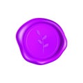 Purple wax seal with branch. Wax seal stamp isolated on white background. Realistic guaranteed purple stamp. Realistic