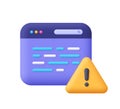 Purple web browser window with code lines and a yellow warning triangle with exclamation mark. Programming, IT, error, alert Royalty Free Stock Photo